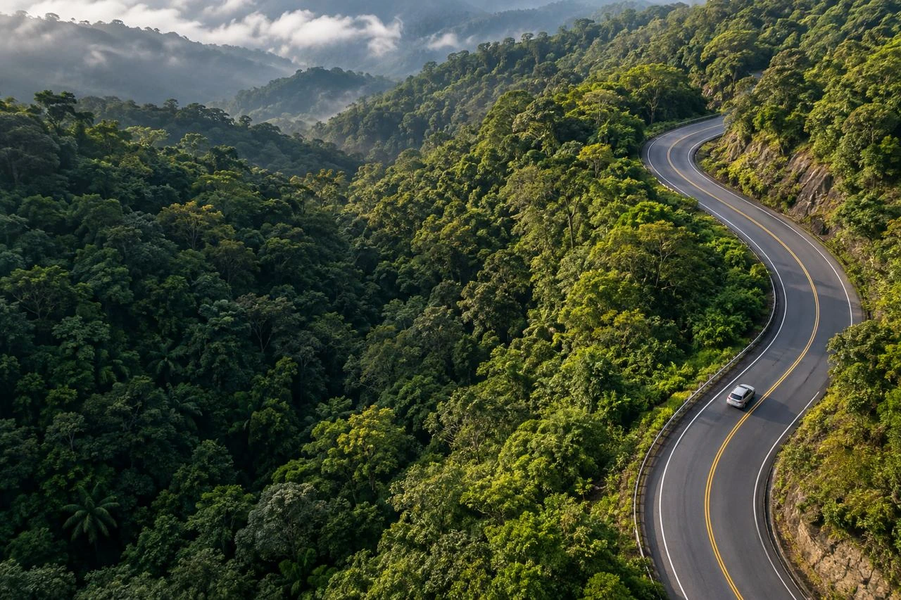 Carro prata numa estrada sinuosa no meio da mata, visto do alto.